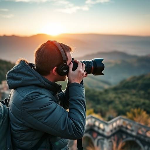 Professioneller Fotograf bei der Arbeit, der eine atemberaubende Landschaft aufnimmt.